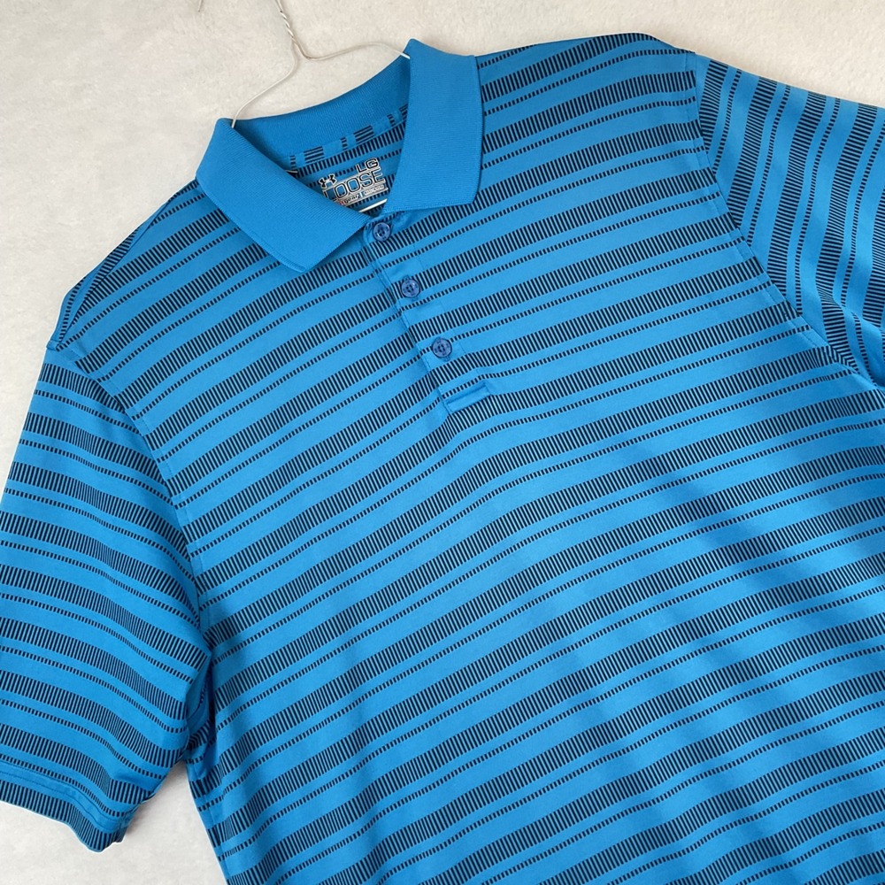 Under Armour HeatGear Mens Large Blue Striped Loose Fit Short Sleeve Golf‎ Polo